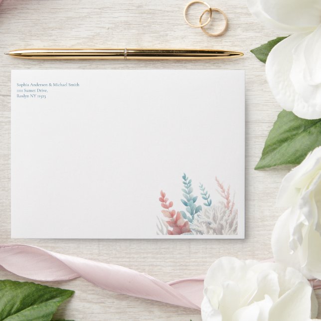 Pastel Coral Reef Beach Wedding Envelope (Wedding)