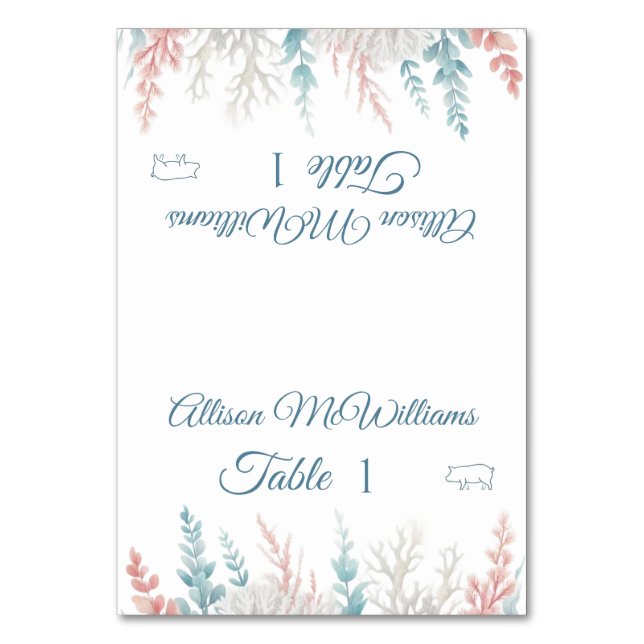 Pastel Coral Reef-Beach Wedding-Pork Icon- Table Number (Front)