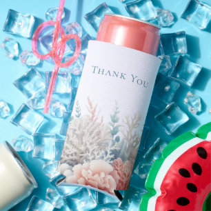 Pastel Coral Reef-Beach Wedding-Thank You- Seltzer Can Cooler