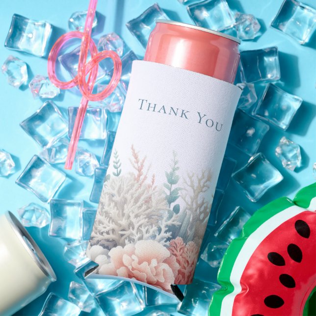 Pastel Coral Reef-Beach Wedding-Thank You- Seltzer Can Cooler (In Situ Summer)