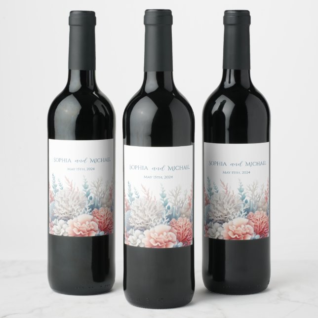 Pastel Coral Reef- Beach Wedding Wine Label (Bottles)