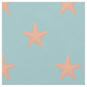 Pastel Coral Starfish on Blue Fabric
