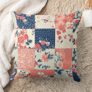 Pastel Cottage Floral Quilt in Indigo and Peach Throw Pillow