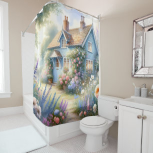 Pastel Cottage Garden Blue House Floral Scene