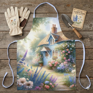 Pastel Cottage Garden Blue House Floral Scene Apron