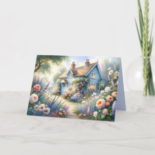 Pastel Cottage Garden Blue House Floral Scene Card