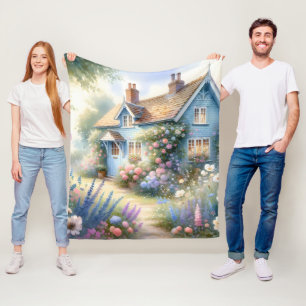 Pastel Cottage Garden Blue House Floral Scene Fleece Blanket
