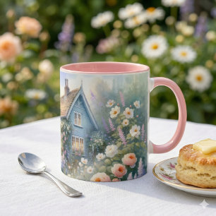 Pastel Cottage Garden Blue House Floral Scene Mug