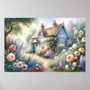 Pastel Cottage Garden Blue House Floral Scene Poster