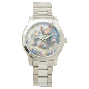 Pastel Cottage Garden Blue House Floral Scene Watch
