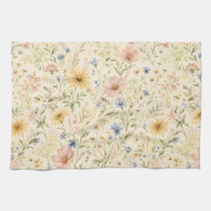 Pastel Cottage Wildflower Watercolor Kitchen Towel