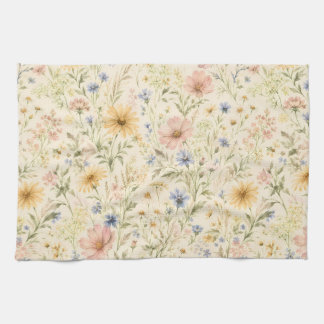 Pastel Cottage Wildflower Watercolor Kitchen Towel