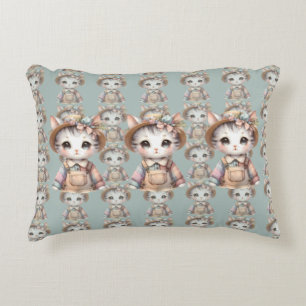 Pastel Cottagecore Cat in Overalls & Straw Hat Accent Pillow