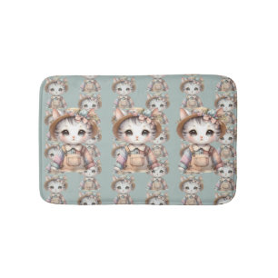 Pastel Cottagecore Cat in Overalls & Straw Hat Bath Mat