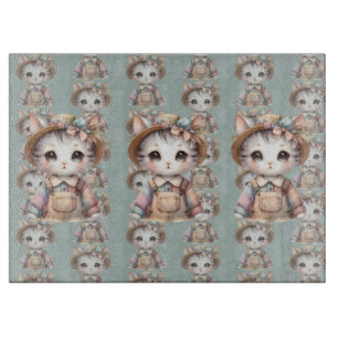 Pastel Cottagecore Cat in Overalls & Straw Hat Cutting Board