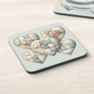 Pastel Cottagecore Patchwork Hearts Coaster