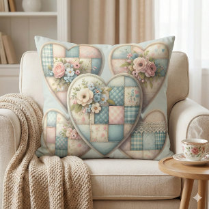 Pastel Cottagecore Patchwork Hearts Throw Pillow