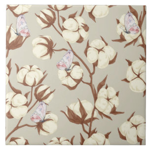 Pastel Cotton Flower and Butterflies Botanical Tile