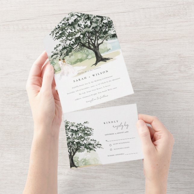 Pastel Couple Floral Garden Tree Botanical Wedding All In One Invitation (Tearaway)