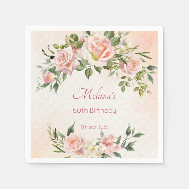 Pastel cream blush pink roses personalized  napkin (Front)