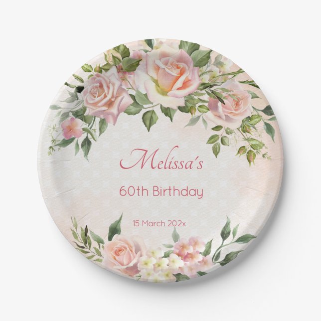 Pastel cream blush pink roses personalized paper plate (Front)