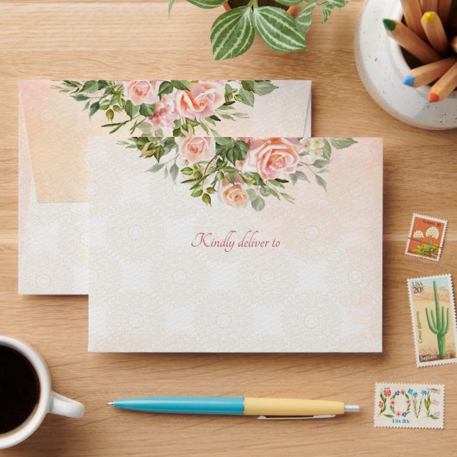 Pastel cream roses  wedding matching budget cards envelope (Desk)