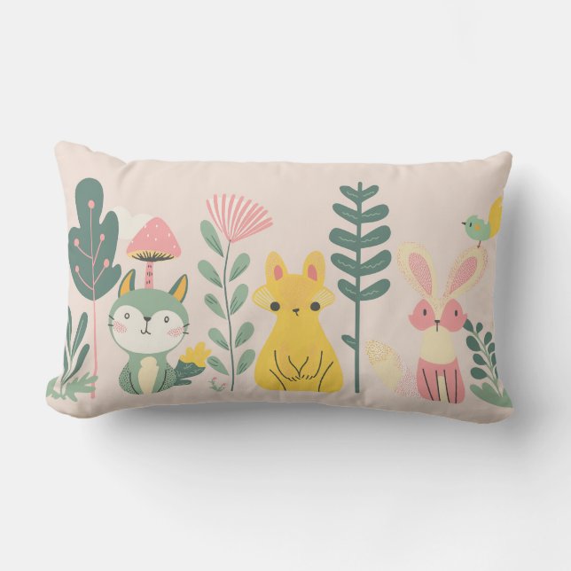 Pastel creatures with plants lumbar pillow (Front)