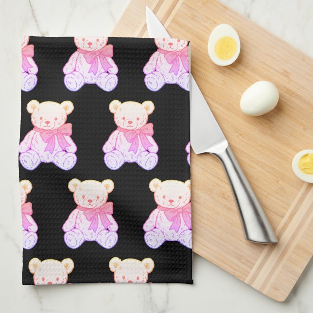 Pastel Creepy Cute Teddy Bear Seamless Pattern on  Kitchen Towel (Quarter Fold)
