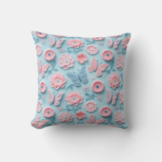 Pastel Crochet Butterflies and Blossoms Throw Pillow