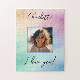 Pastel Custom Photo "I Love You" Personalized Name Jigsaw Puzzle