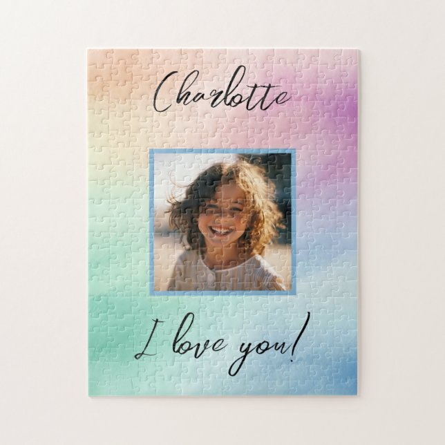Pastel Custom Photo "I Love You" Personalized Name Jigsaw Puzzle (Vertical)