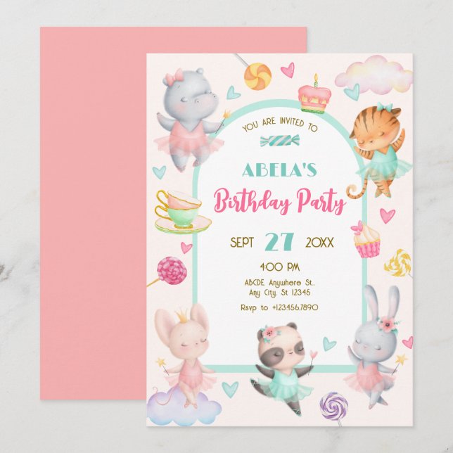 Pastel cute ballerina birthday  invitation (Front/Back)