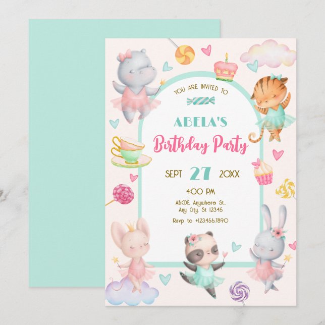 Pastel cute ballerina birthday  invitation (Front/Back)