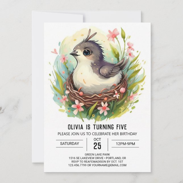 Pastel Cute Bird Birthday Invitation (Front)