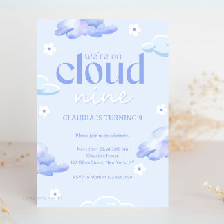 Pastel Cute Cloud Nine Girls and Boys 9th Birthday Invitation
