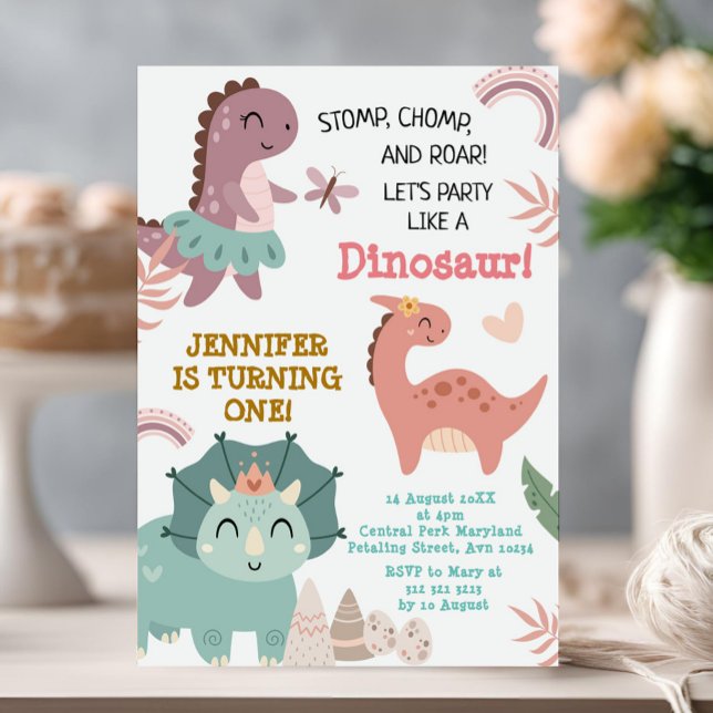 Pastel Cute Dino First Birthday Dinosaur  Invitation (Creator Uploaded)