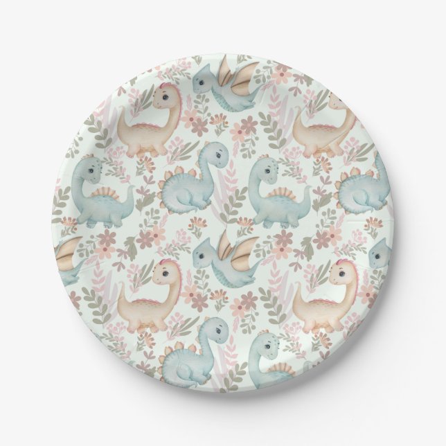 Pastel cute dinosaurs paper plate (Front)