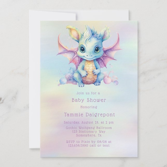 Pastel Cute Dragon Girl Baby Shower  Invitation (Front)