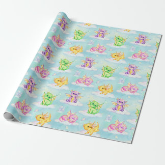 Pastel Cute Dragons And Clouds Light Blue  Wrapping Paper