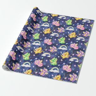 Pastel Cute Dragons And Rainbows Dark Blue  Wrapping Paper