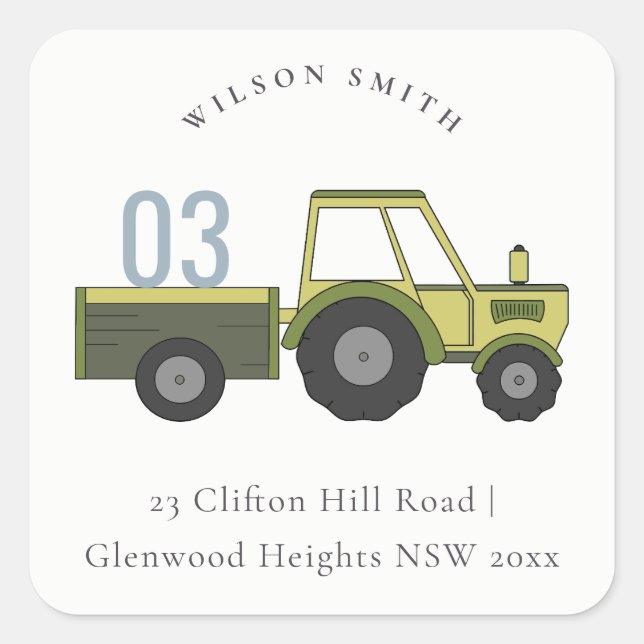 Pastel Cute Green Blue Farm Tractor Kids Address Square Sticker (Front)