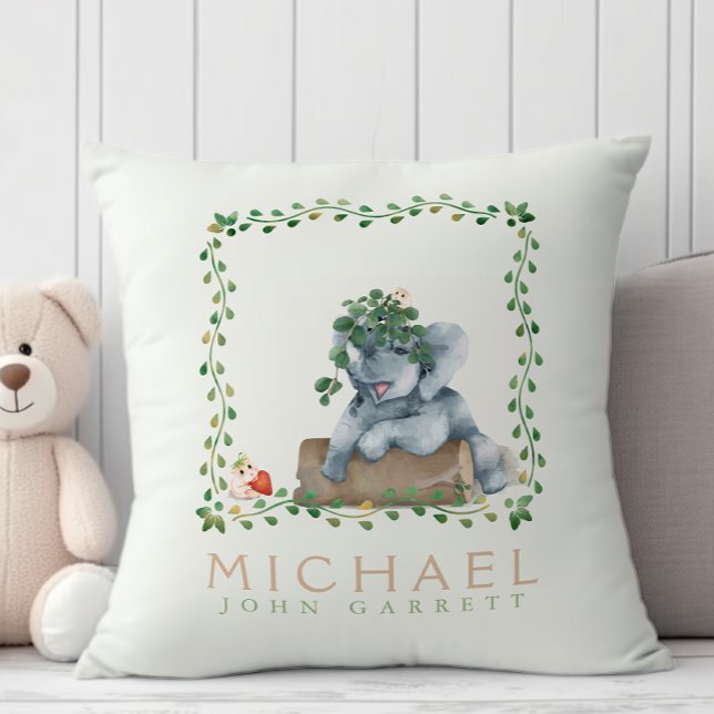 Pastel cute green leaf floral elephant hamster throw pillow (Creator Uploaded)