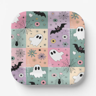 Pastel Cute Halloween Spooky Ghost Chequered Paper Plate