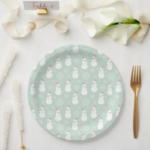 Pastel cute pattern of snowman and snowflakes teal paper plate