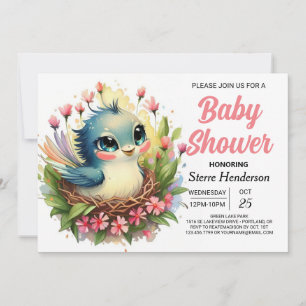Pastel Cute Pink Bird Baby Shower Invitation