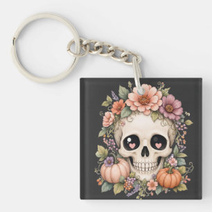 Pastel Cute Skull PNG Coquette Fall Flowers & Pu Keychain