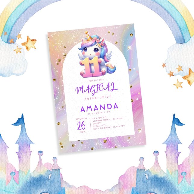Pastel Cute Unicorn Girl 11th Birthday Invitation (Creator Uploaded)