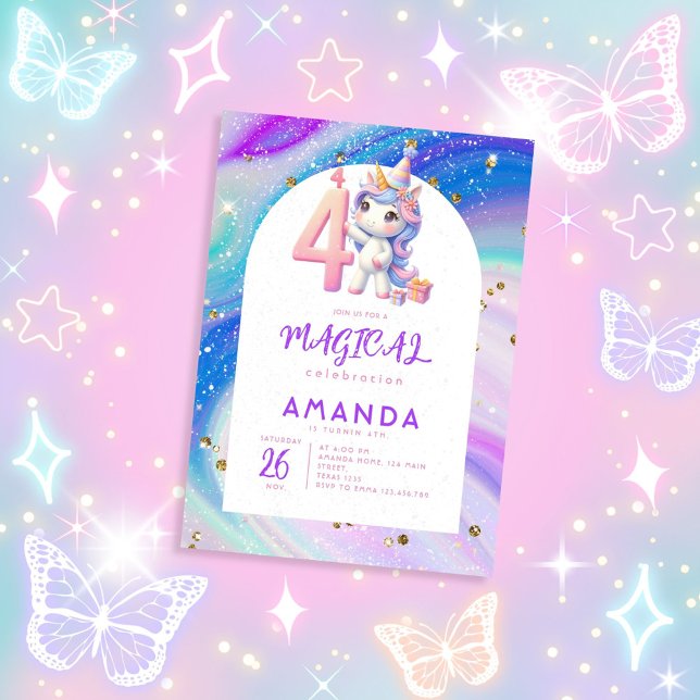 Pastel Cute Unicorn Girl 4th Birthday Invitation (Creator Uploaded)