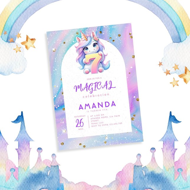 Pastel Cute Unicorn Girl 7th Birthday Invitation (Creator Uploaded)