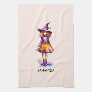 Pastel Cute Witch Girl - Halloween Aesthetic (2) Kitchen Towel